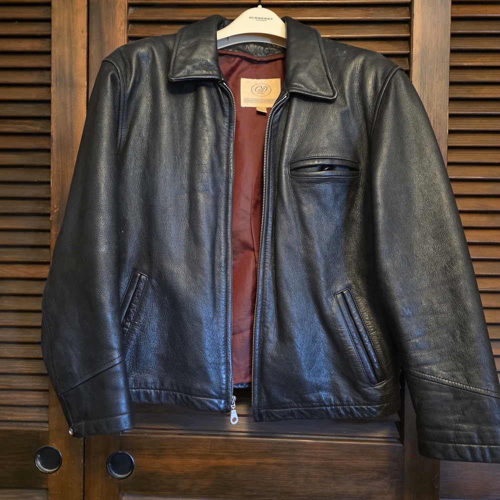 Black Leather Bomber Jacket with Burgundy Lining
